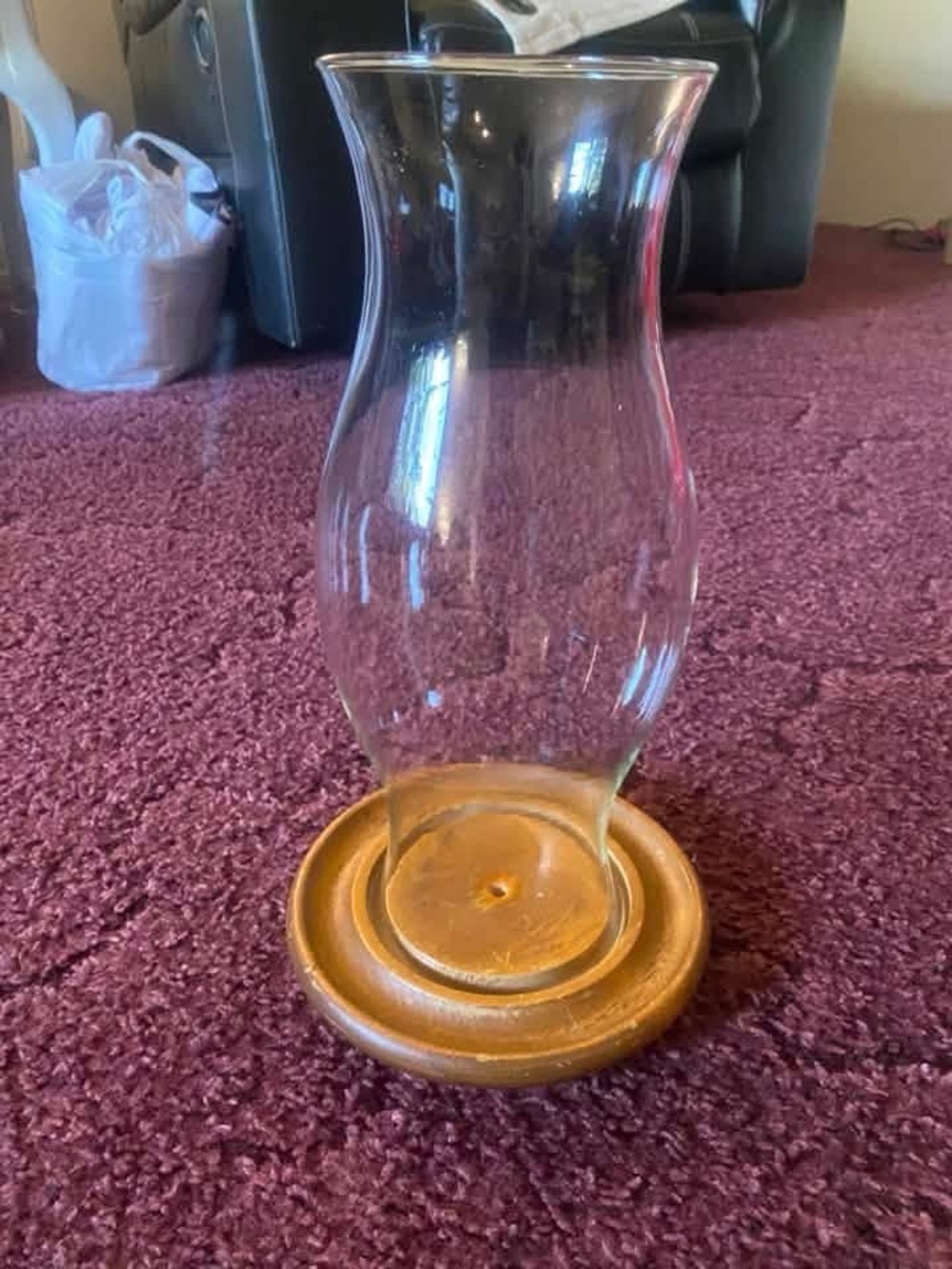 Clear Glass Hurricane Vase with Brown Wood Base